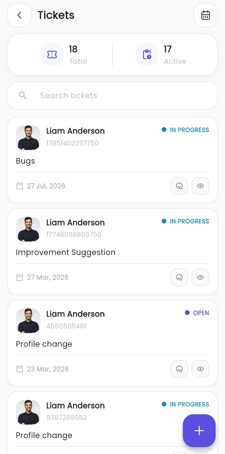 XpressHive Employee Self-Service mobile app showing support tickets