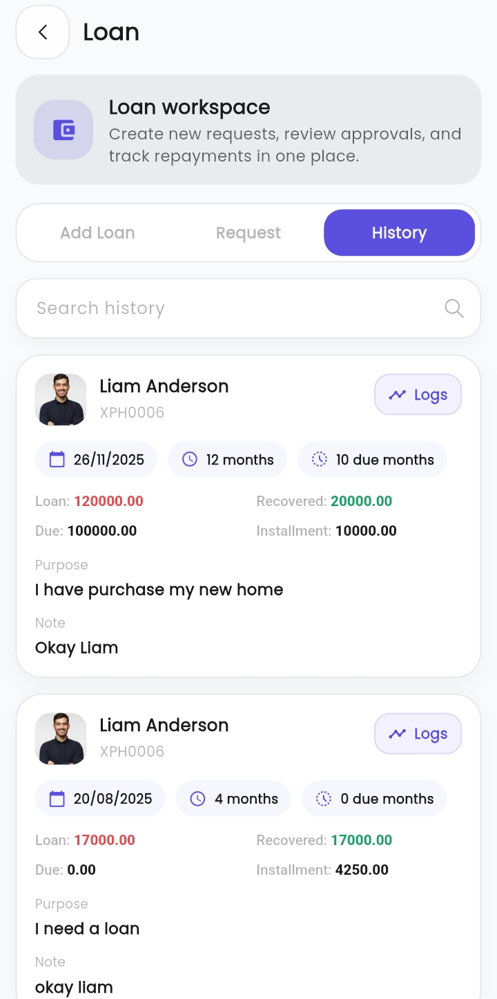 XpressHive Employee Self-Service mobile app showing loan and asset management