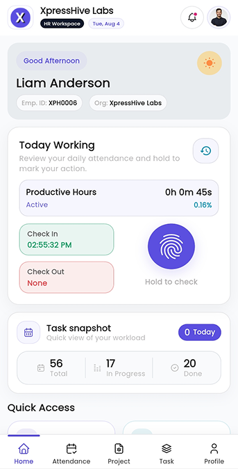 XpressHive HR dashboard showing attendance and payroll analytics